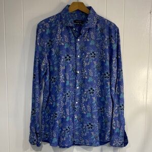 Floral Linen Buttondown Shirt Emidio Tucci Fitted Resortwear Modern Blue Small